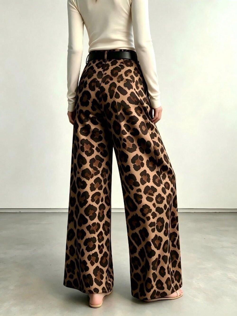 Multicolor Casual Women's Leopard Print Belted Pleated High Waist Wide Leg Pants - Picture 2 of 4